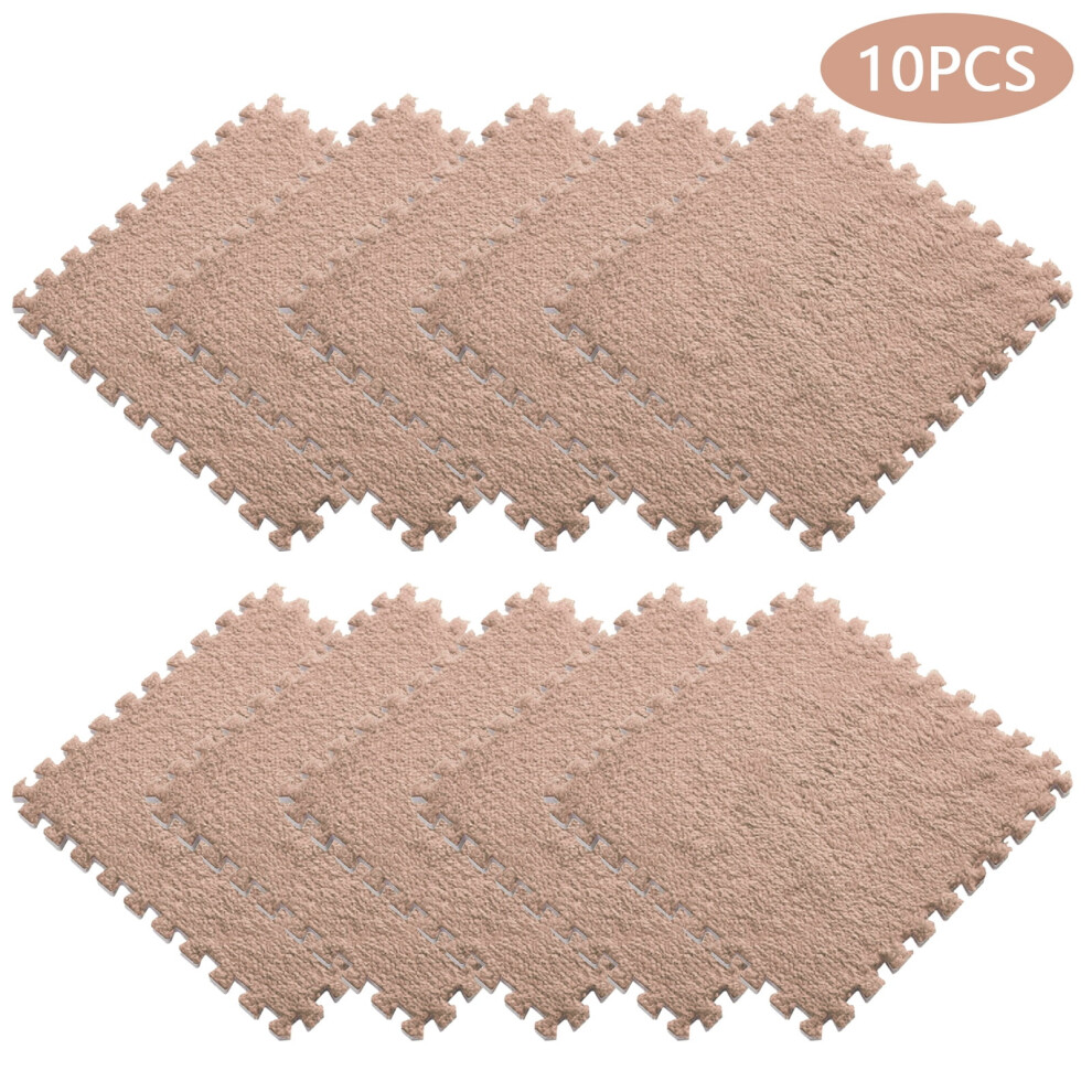 10Pcs Interlocking Shaggy Carpet Mats, Soft Eva Foam Floor Tiles Compatible With Kids Room, Play Mat For Home, Bedroom, 11.8"X11.8" Beige