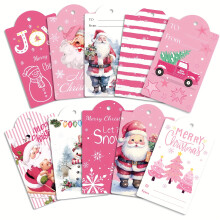 60-Pack Christmas Greeting Card Tags with Pink Cartoon Snowmen & Santa, 118.1" Twine Included - Compatible with All Gifts