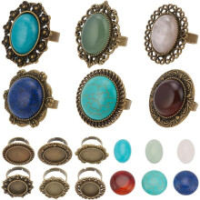 6Pcs Gemstone Ring Making Kit with Cabochon Settings, Bezel Blank Rings Compatible with Turquoise, Rose Quartz, Healing Energy Jewelry Craft