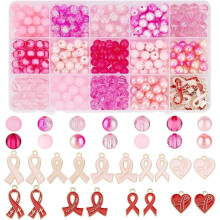 368pcs Breast Cancer Awareness Charms Beads 8mm Pink Beads Pink Ribbon Pendants Charms for Breast Cancer Ribbons Lapels Women Necklace