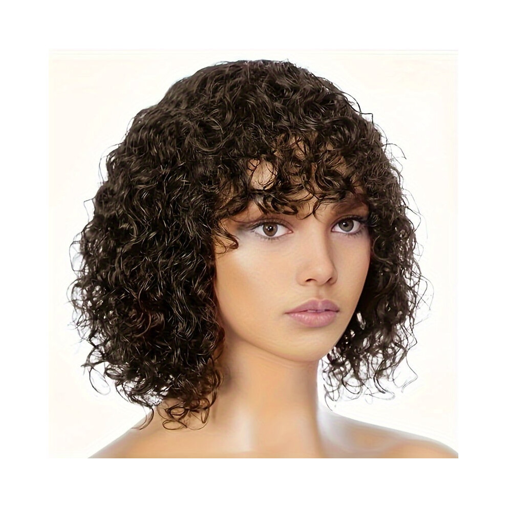 Elegant Jerry Curl 12" Shoulder Length Wig, High-Temp Fiber, Flat Bangs, Comfortable Rose Net Cap, Alluring Style - 100% Synthetic, compatible with