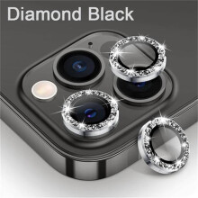 Metal Camera Protector Compatible with iPhone 16/15/14/13/12/11 Pro Max Plus, Diamond Ring Lens Glass, Black