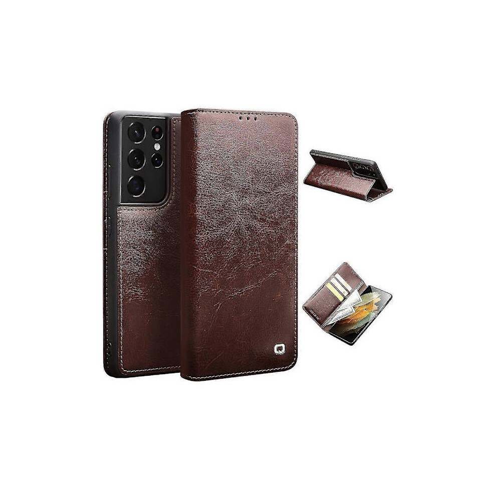 Qialino Genuine Leather Phone Case For Compatible With Samsung Galaxy S21 Ultra 5G Stand Wallet Folio Flip Case Brown 9170372872282