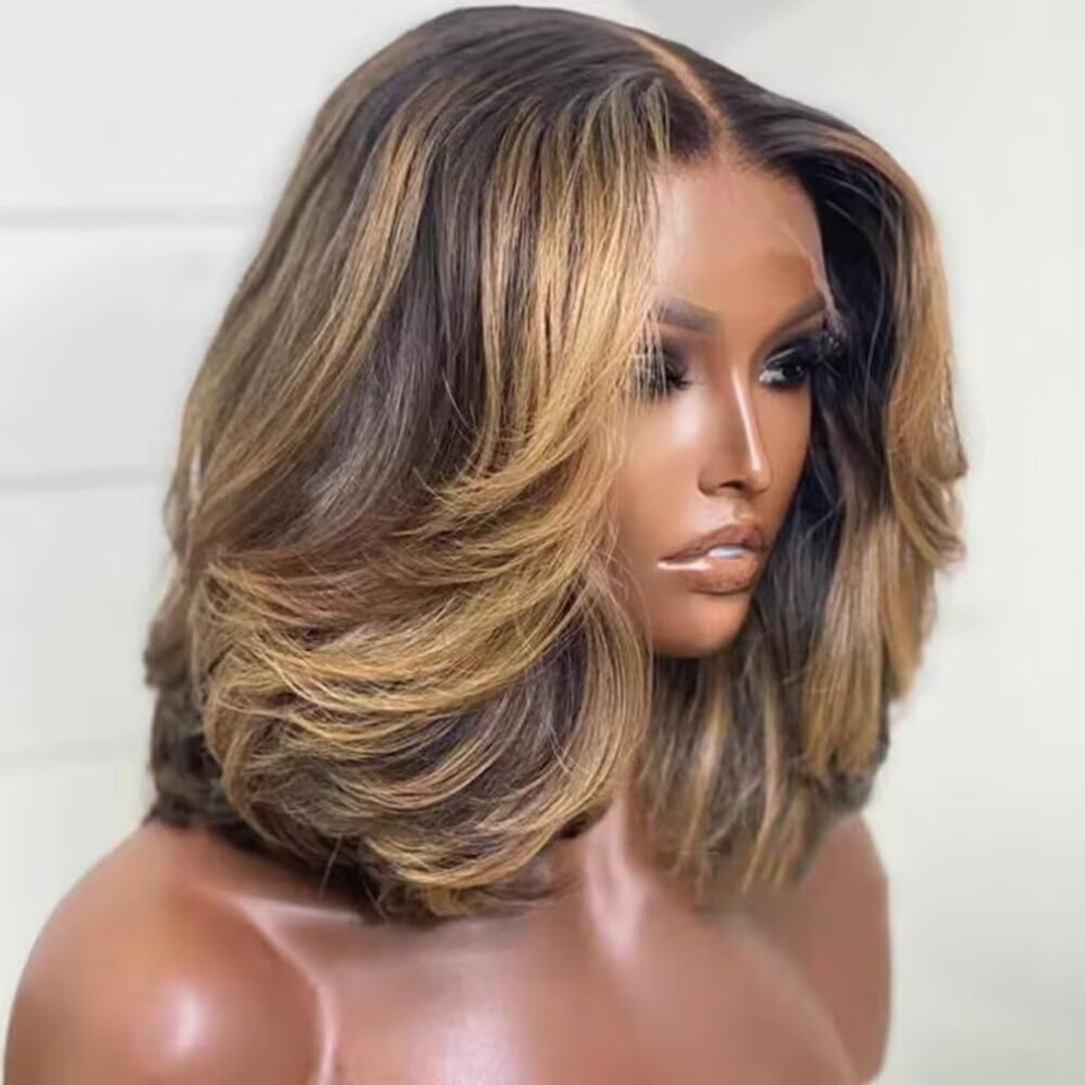 180% Density Honey Blonde Ombre Bob HD Transparent Lace Front Human Hair Wig Glueless 10 Inch