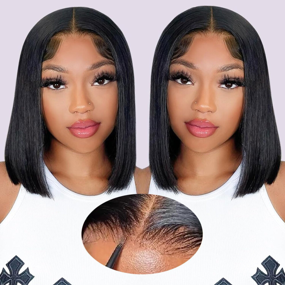 Bob Wig Human Hair 10 Inch Straight Glueless Lace Front Pre Plucked HD Transparent Lace
