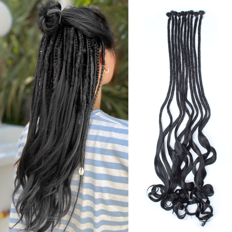 Unisex Black Synthetic Dreadlock Extensions With Natural Curly Ends, Prelooped Crochet Hair 30 Inch 20Pcs