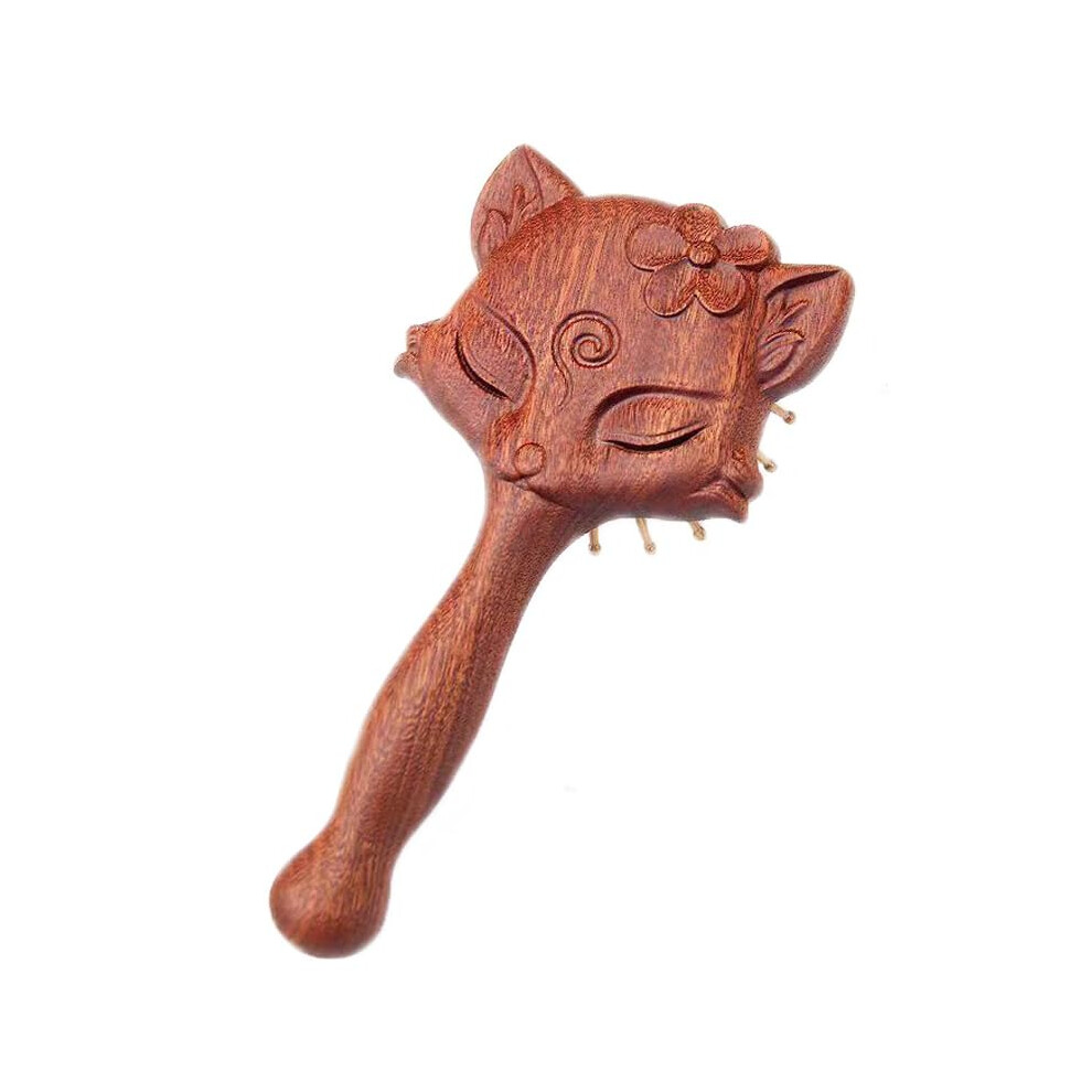 Red Wooden Hair Brush With Gentle Scalp Massage, Fox Shape Detangling Paddle For Thick And Curly Hair