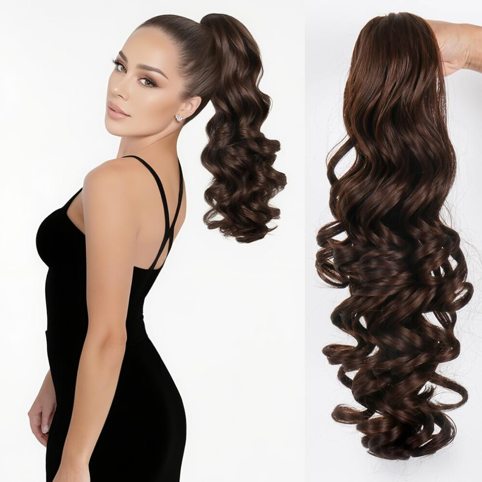 Unisex Brown Dark Loose Curly 20Inch Claw Clip Ponytail Extension Synthetic Hairpiece For Instant Volume Boost