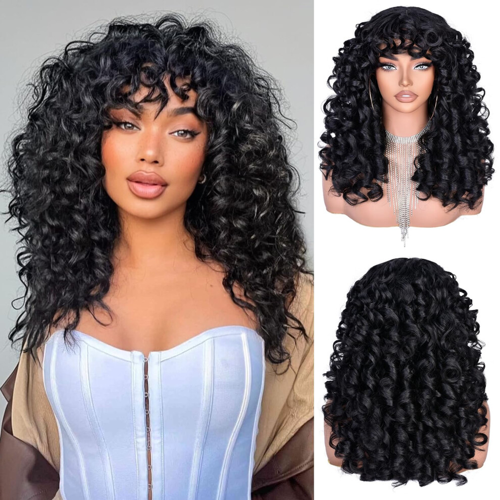 Unisex Black Curly Wig With Bangs, 17 Inch Long Afro Wig For Women, Heatresistant Synthetic Hair