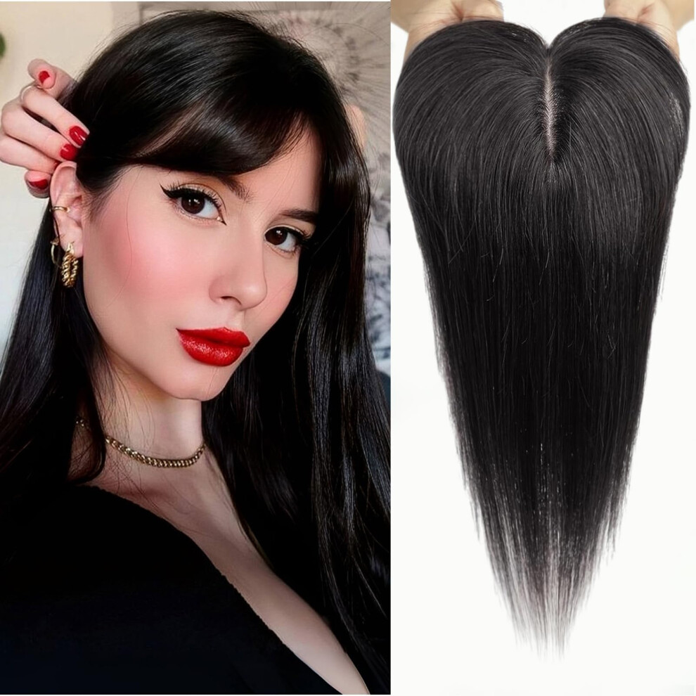 Unisex 12 Inch Human Hair Topper With Bangs For Thinning Hair, Natural Scalp Effect And Secure Clips