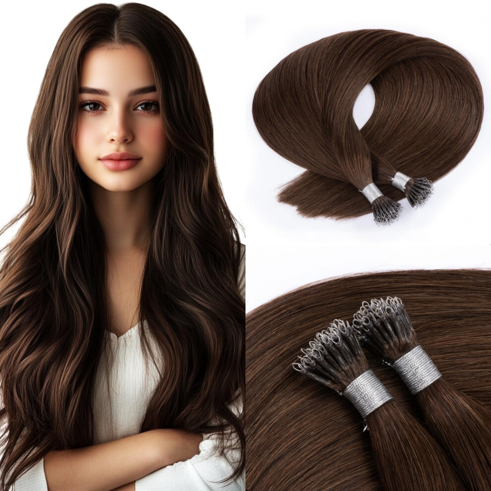 Unisex Brown 20 Inch Nano Ring Human Hair Extensions Invisible Seamless Blend Remy #4 Chocolate 50G