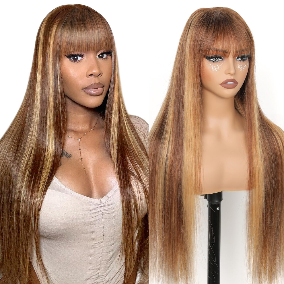 Unisex Brown 18 Inch Brazilian Human Hair Wig With Bangs Honey Blonde Ombre Glueless Hd Lace Front Straight