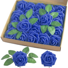 homEdge Artificial Rose, 25pcs Foam Flowers with Stem for Home Decor, Wedding Bouquets, Party Centerpieces, Anniversaries - Royal Blue