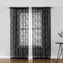 Black Lace Curtains 80" Long, Vintage Floral Pattern, Sheer Privacy Curtains for Living Room, 2 Panels, 100*200cm