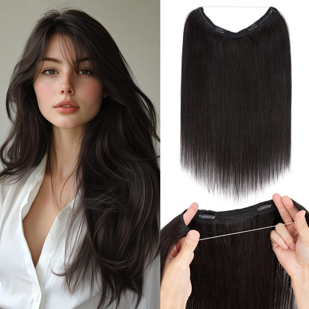 Unisex Black 20 Inch Natural Remy Human Halo Hair Extensions With Clips, Instant Length And Volume