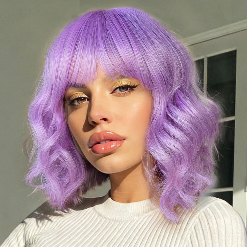 Purple Bob Wig with Bangs 14 Inch Light Lavender Wavy Heat Resistant Synthetic Cosplay Wig