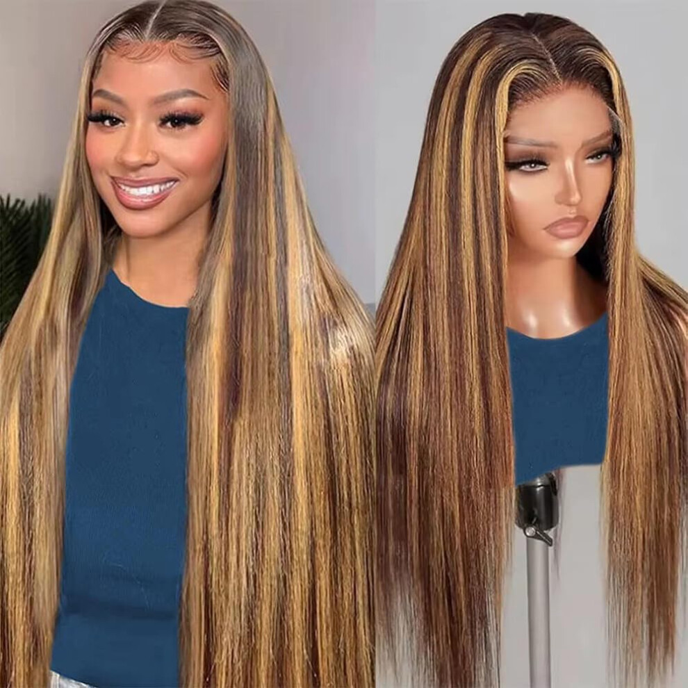 Unisex 22 Inch Honey Blonde Lace Front Wig Human Hair 13X4 Hd Transparent Lace Pre Plucked P4/27 Highlight Ombre Straight Wig For Women