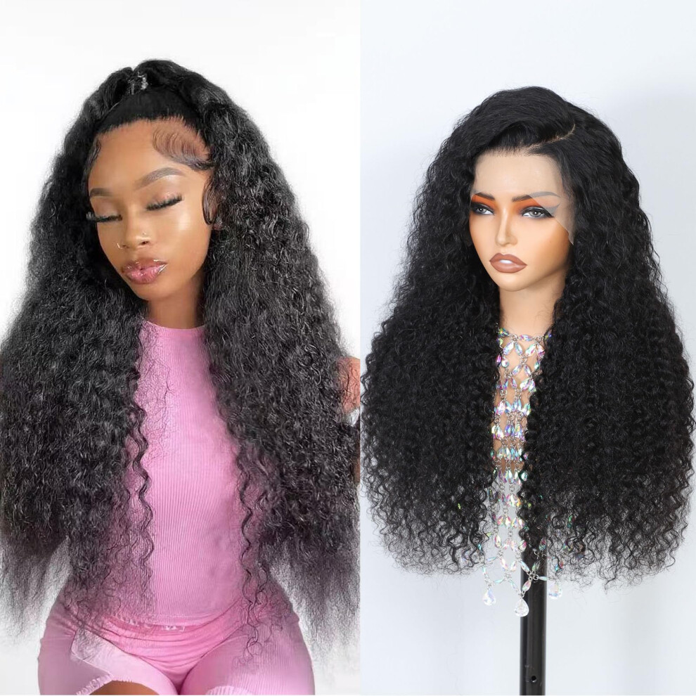 Unisex Black 22Inch 13X6 Hd Deep Wave Lace Front Wig Human Hair 200 Density Preplucked Hairline Natural