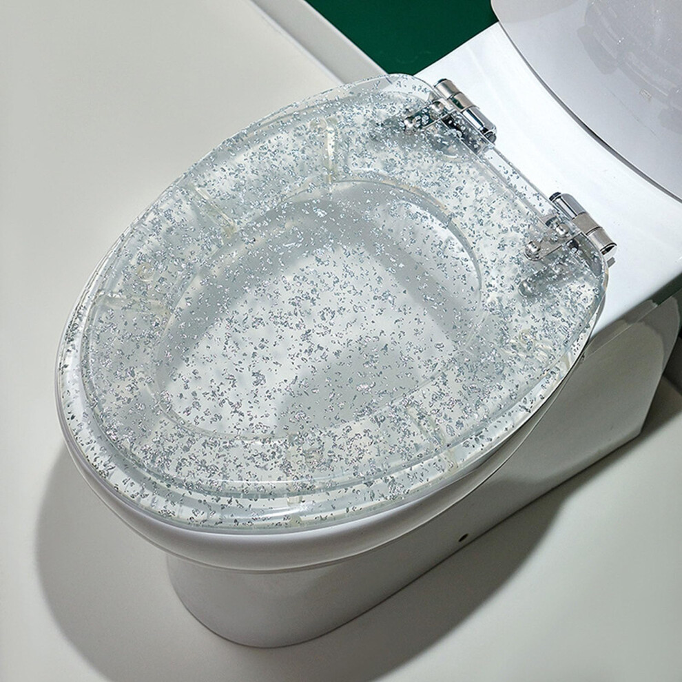 Elongated Soft Close Toilet Seat With Quick Release, Glitter Resin, Fix, Silver Foil Finish 9113335513129