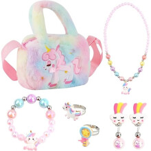 Unicorn Crossbody Bag Purse Jewelry for Girls, Unicorn Bag Girls Unicorn Beaded Jewelry Set Kids Plush Unicorn Bag