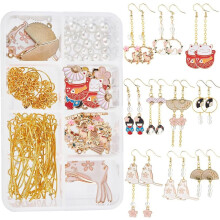 1 Box DIY 10 Pairs Flower Kitten Fan Earrings Kit with Jump Rings & Hooks, Alloy Enamel Charms for Jewelry Making Craft, Golden