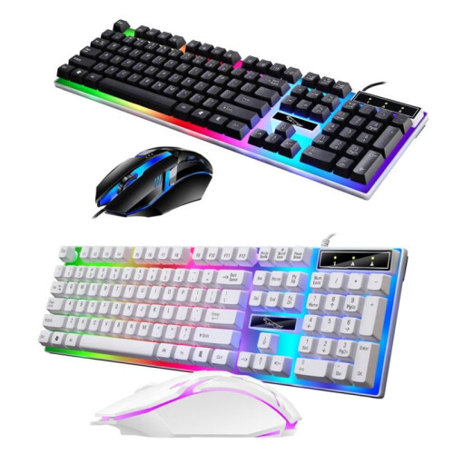 Updated Wired Computer Desktop Gaming Keyboard & Mouse Set,Mechanical Feel Multiple Color Rainbow Led Light Backlit,White
