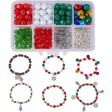 1 Box 263Pcs DIY 6 Sets Christmas Bracelet Kit with Snowflake, Tree, Jingle Bells, Red Green Beads, compatible with jewelry making for women, Xmas