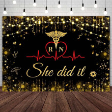 Congrats Nurse Backdrop - Black & Gold Glitter, Compatible with Class of 2024, RN Grad Party Decor, Photo Studio Props