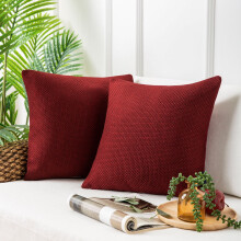 Phantoscope Classic Woven Textured Thick Solid Color Checker Plaid Series Outdoor Decorative Throw Pillow for Patio, 18" x 18", Wine Red, 2 Pack
