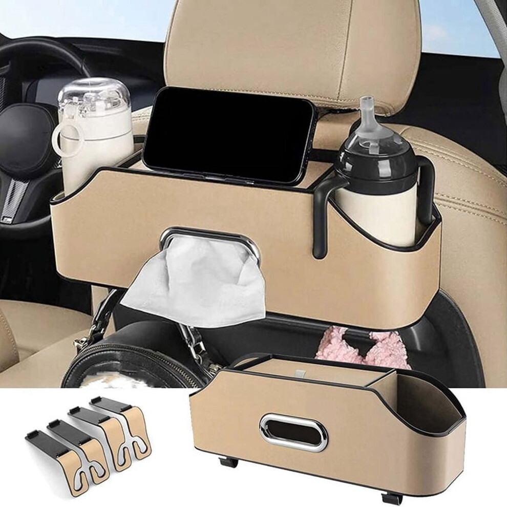 Car Headrest Backseat Organizer With 2 Drink Cup Holder, Cell Phone Holders, Hooks And Tissue Box Accessories - Beige 9418476372650