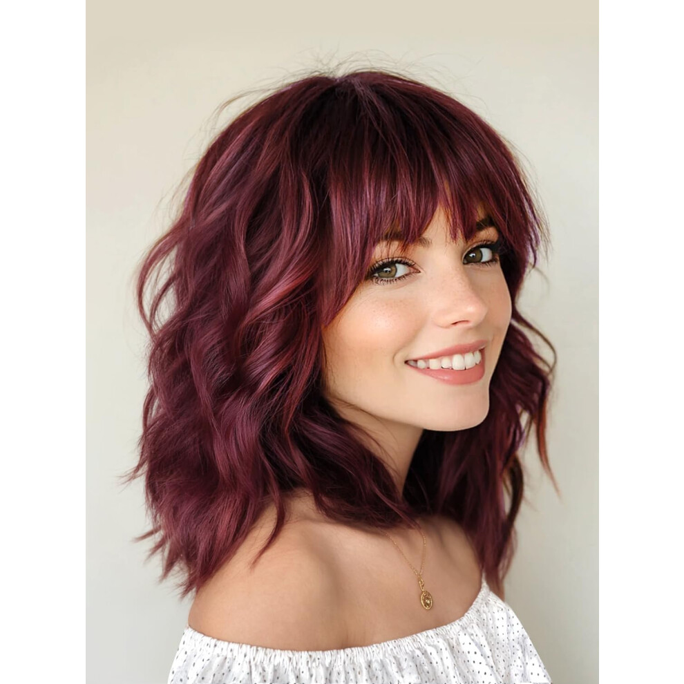 Wine Red Human Hair Bob Wig with Bangs 16 Inch Wavy Heat Resistant Natural Look for Women