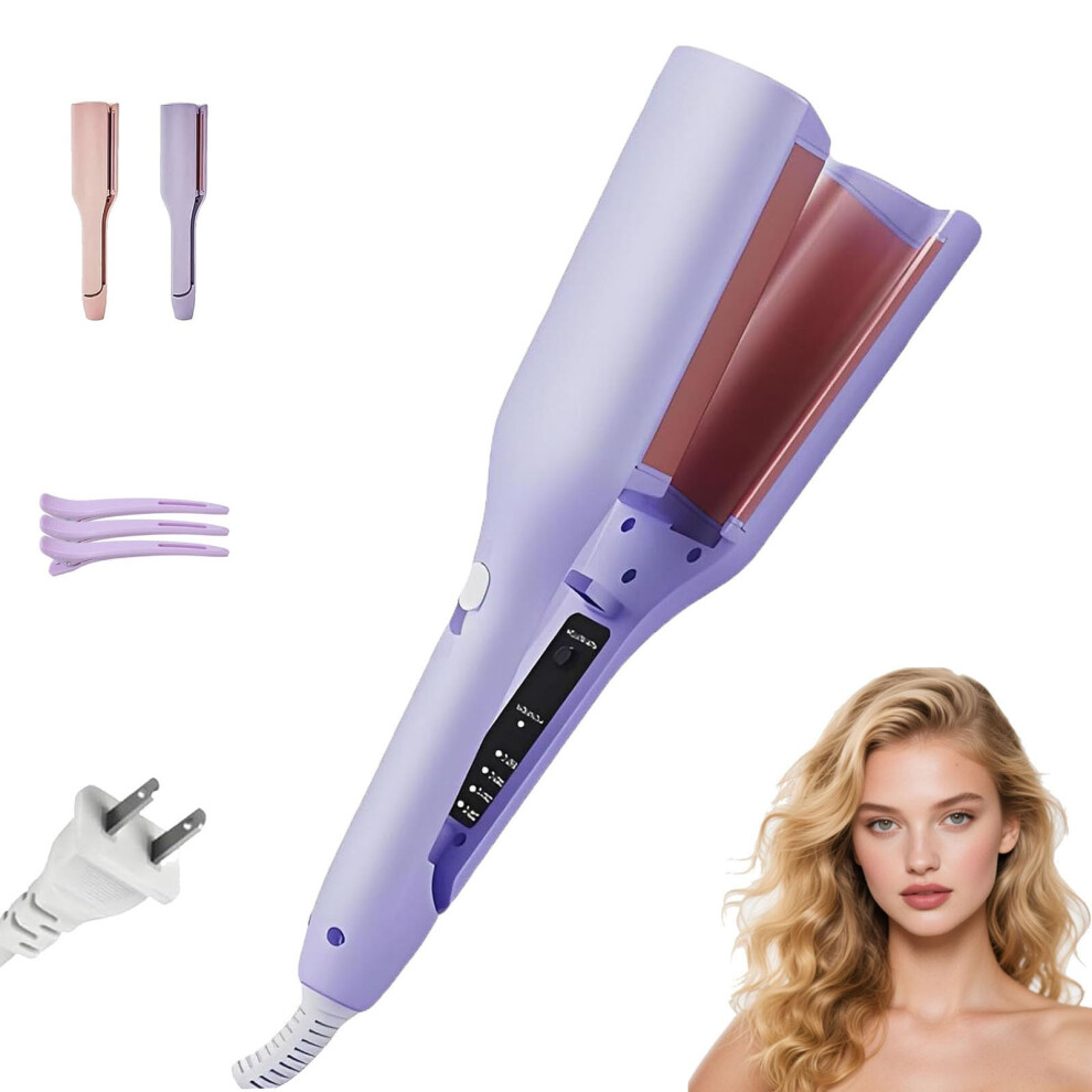Purple Curling Iron With Dual Barrel For Fast Beach Waves, Negative Ionic Frizz Styling (Purple)