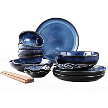 Japanese Blue Porcelain Dinnerware Set with Elegant Kiln Glaze, Service for Four, Retro Style
