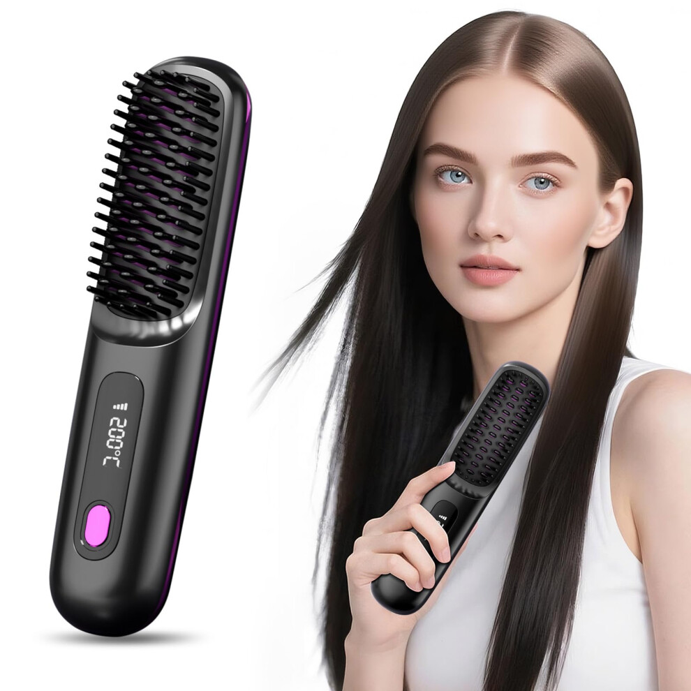 Black Cordless Hair Straightener Brush With Ceramic Fast Heating, Usb Rechargeable, Adjustable Temperature,