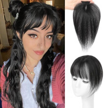 360 3D Human Hair Topper with Bangs, Clip-in for Thin Hair, Upgraded Silk Base, 4x6 Bro Black - Daily Use