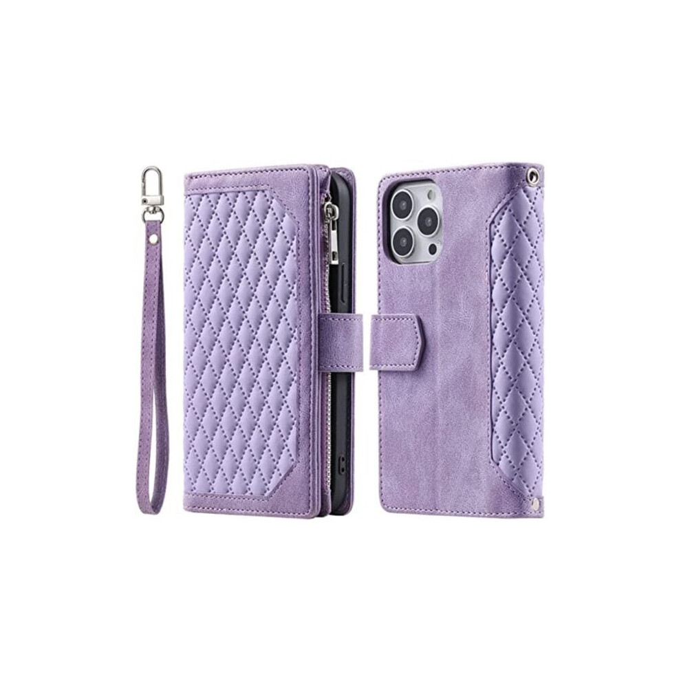 Long Lanyard Leather Case For Compatible With Iphone 14 Pro Max With 7 Card Slots Purple 9130661659154