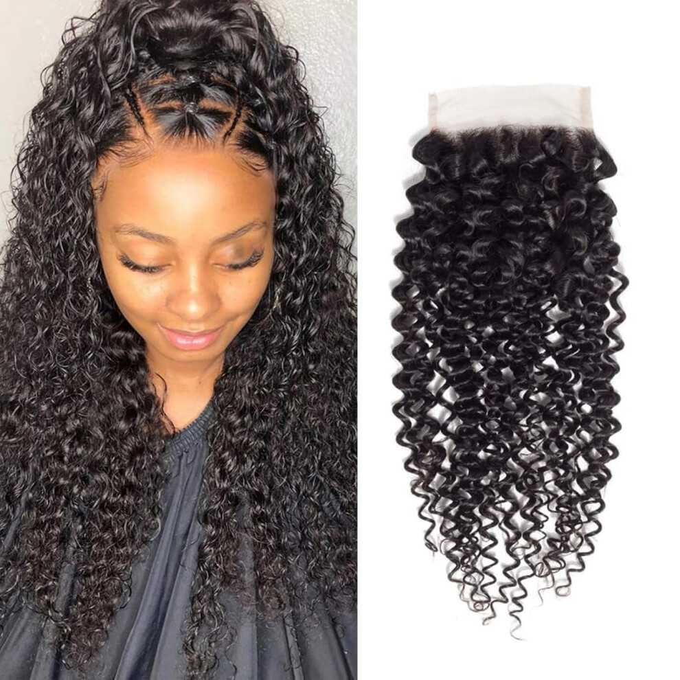 Unisex Black 5X5 Curly Lace Closure With Baby Hair 18 Inch Brazilian Virgin Remy Natural 1B