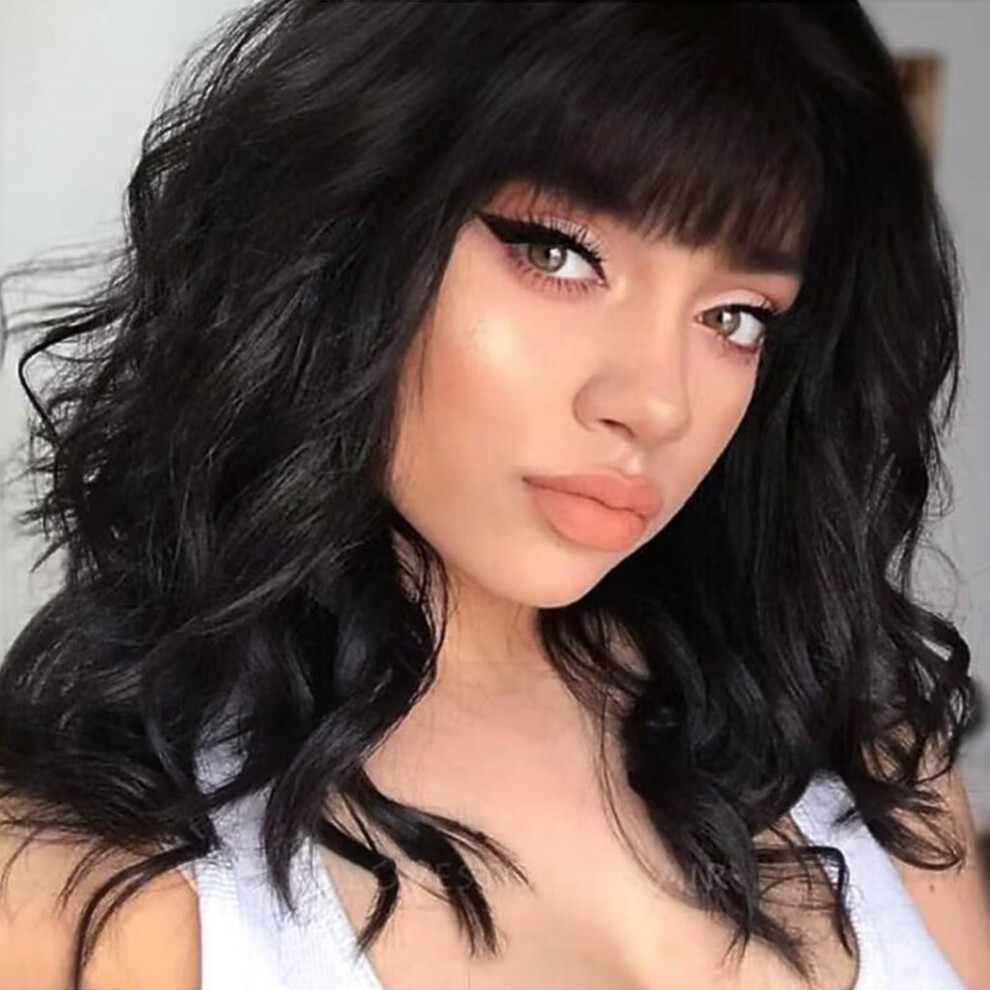 Blonde Bob Human Hair Wig with Bangs Ombre 16 Inch Heat Resistant Natural Hairline for Women