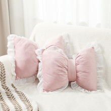 2 Pcs Pink Velvet Bow Throw Pillow Set, Elegant Plush Lumbar Cushion for Girls Room Bed Sofa
