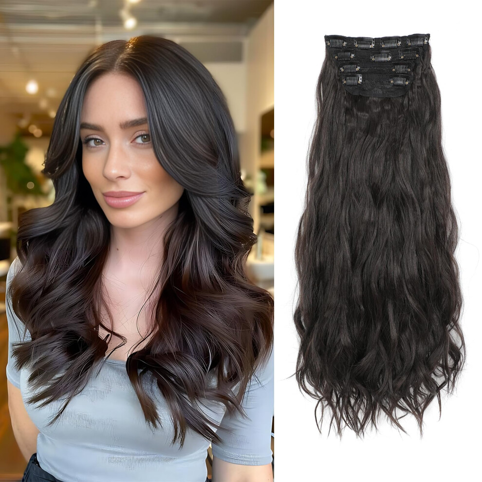 16 Inch Curly Clip In Hair Extensions Medium Brown Wavy Synthetic Fiber with Natural Look and Secure Clips