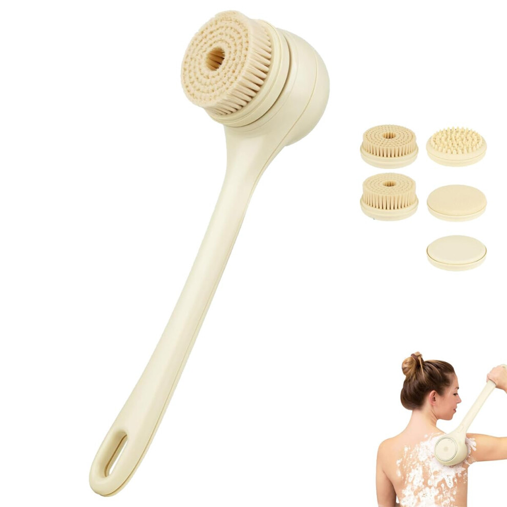 Electric Body Brush with Dual Handle and 5 Heads, Waterproof Rechargeable Shower Back Scrubber