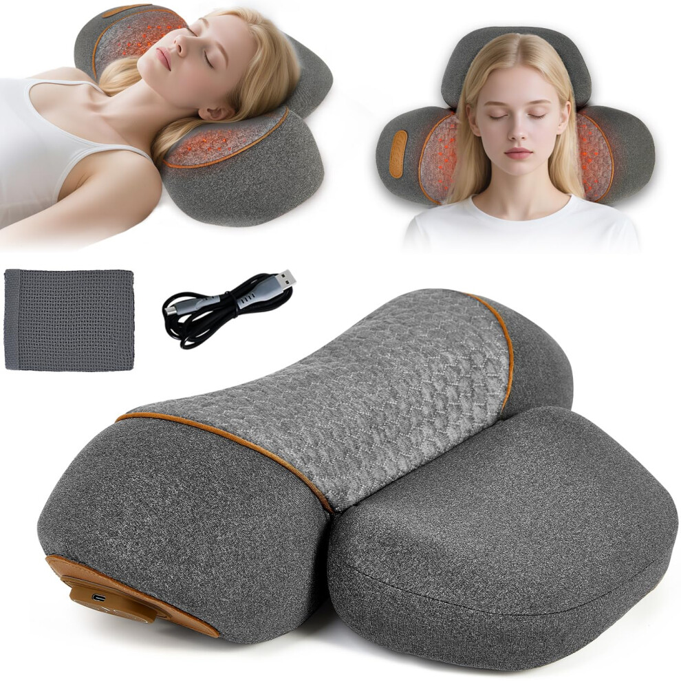 3in1 Neck Massager with Heat and Cervical Traction Pillow, Ergonomic Memory Foam Support, Cement Gray