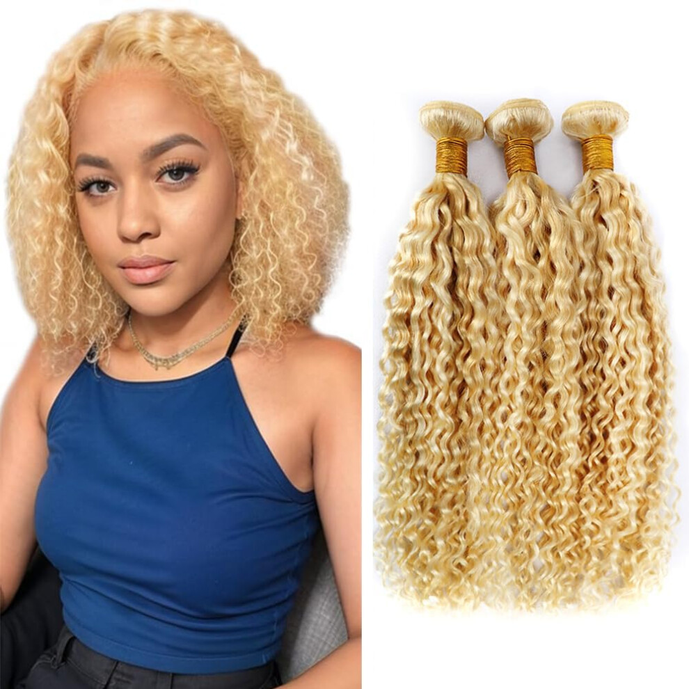 Unisex Brazilian Virgin Human Hair Bundles P27/613 Kinky Curly Highlight Blonde Double Weft Extensions