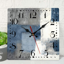 12 Inch Silent Rustic Wall Clock with Silent Sweep Movement, Blue Grey Abstract Wooden Square Design for Living Room