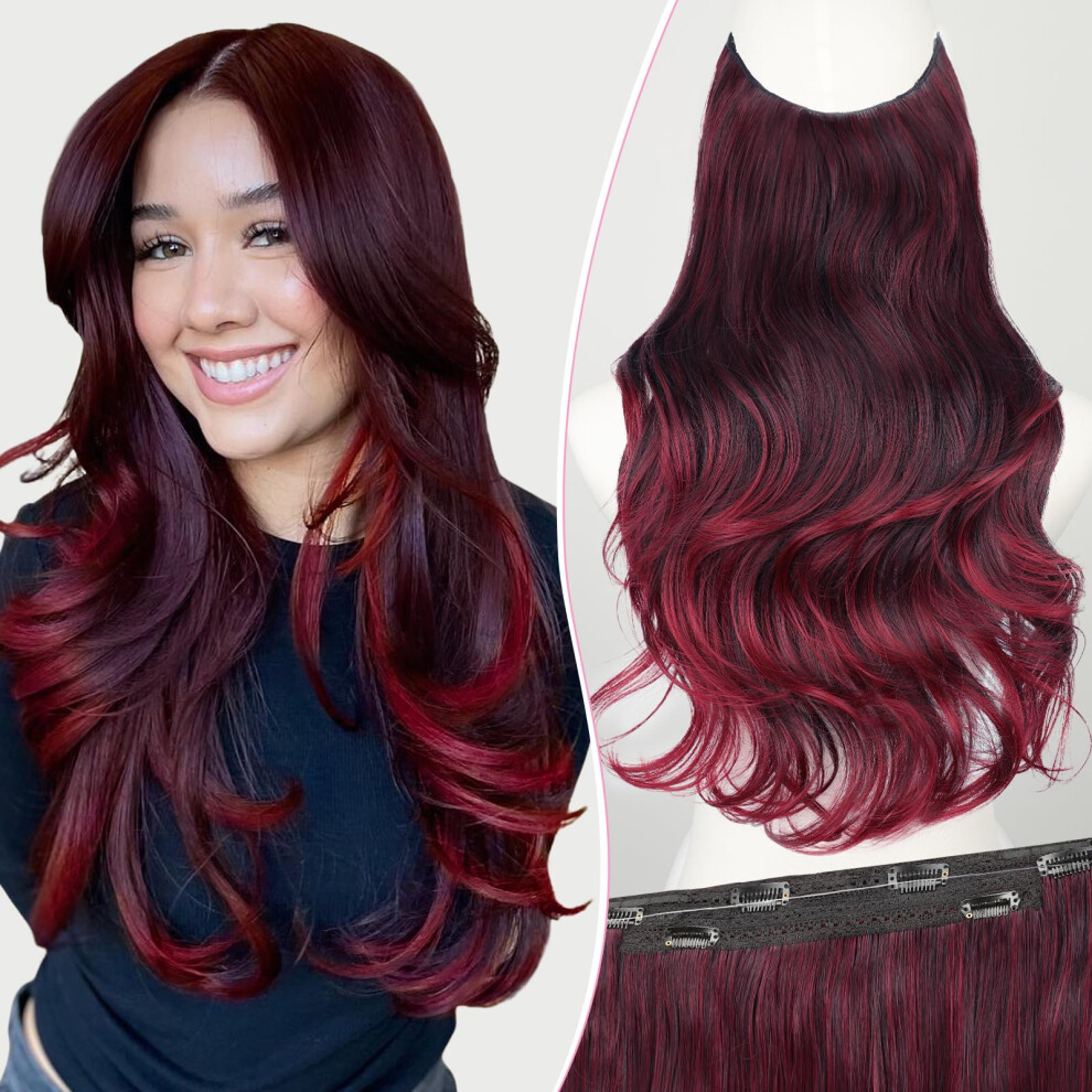 20 Inch Invisible Wire Hair Extensions Ombre Burgundy Black Long Wavy Hairpiece for Women