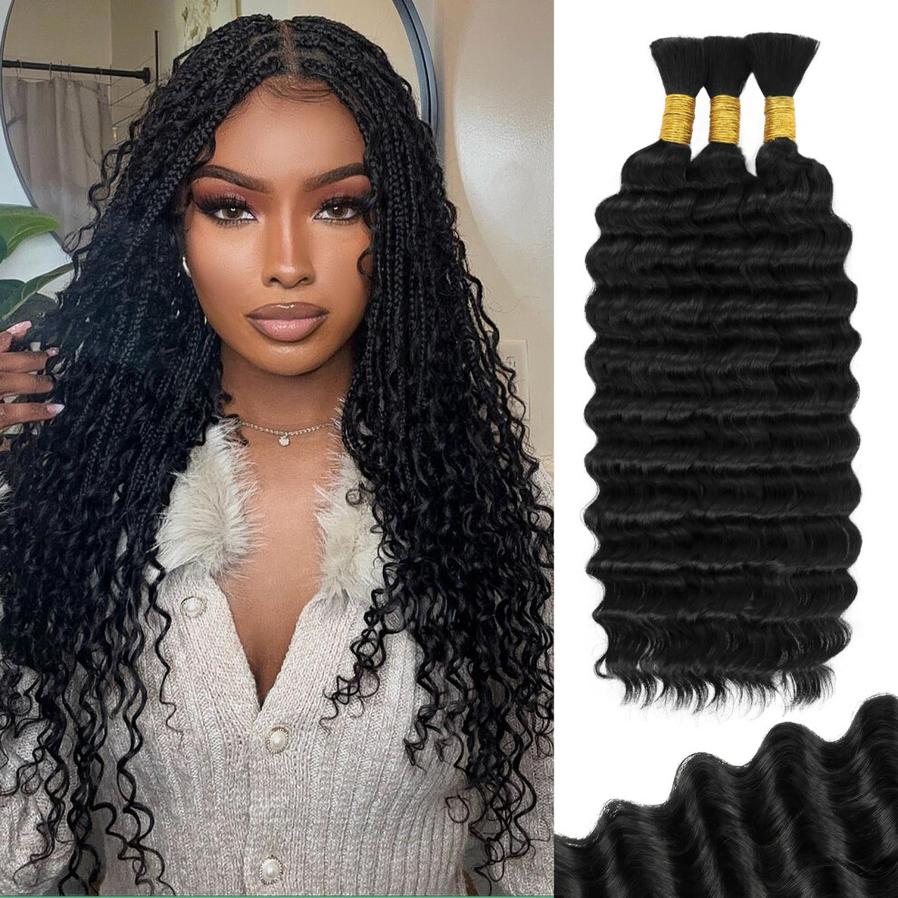Human Braiding Hair 18 Inch Deep Wave for Boho Knotless Braids Natural Black Full Volume 3 Bundles