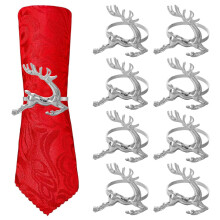 8pcs Christmas Elk Deer Napkin Rings Set, Polished Silver Holders for Wedding and Holiday Table Decor