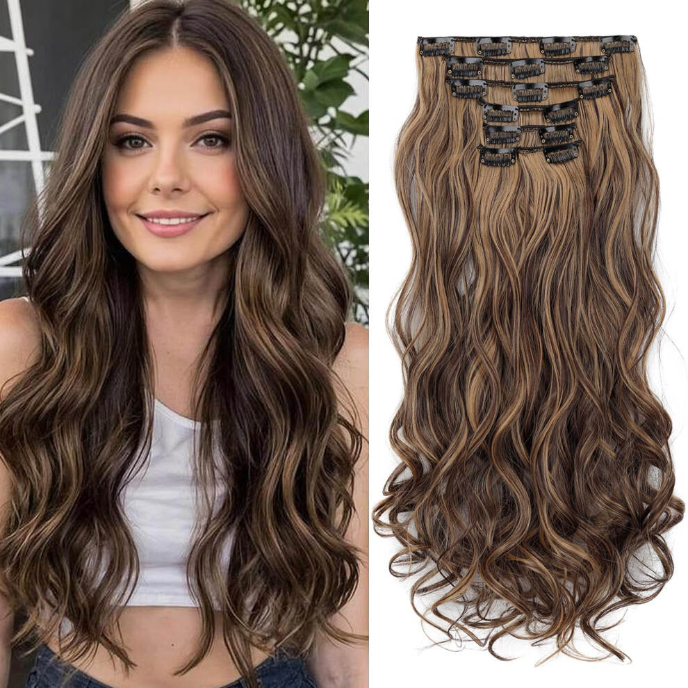 Unisex Brown Clip In Hair Extensions 20 Inch Wavy Synthetic Double Weft Natural Mix Blonde For Instant Volume