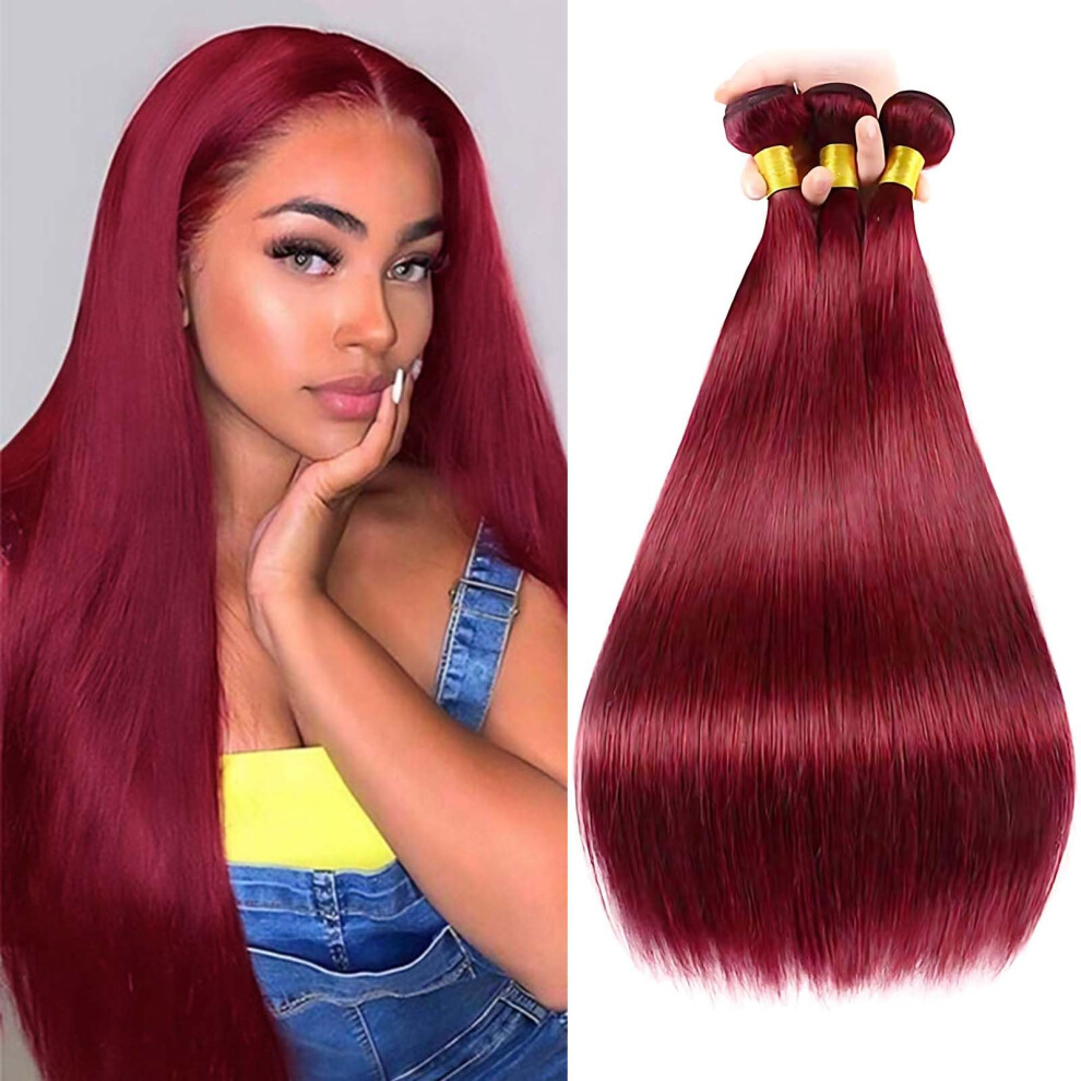 Burgundy Straight Brazilian Virgin Human Hair Bundles 16 18 20 Inch Weave Extensions 300g