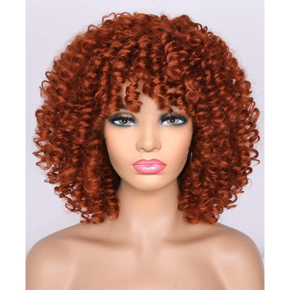 Unisex Orange,Black Short Curly Afro Wig For Black Women With Bangs, Big Bouncy Orange Synthetic Wig For Party